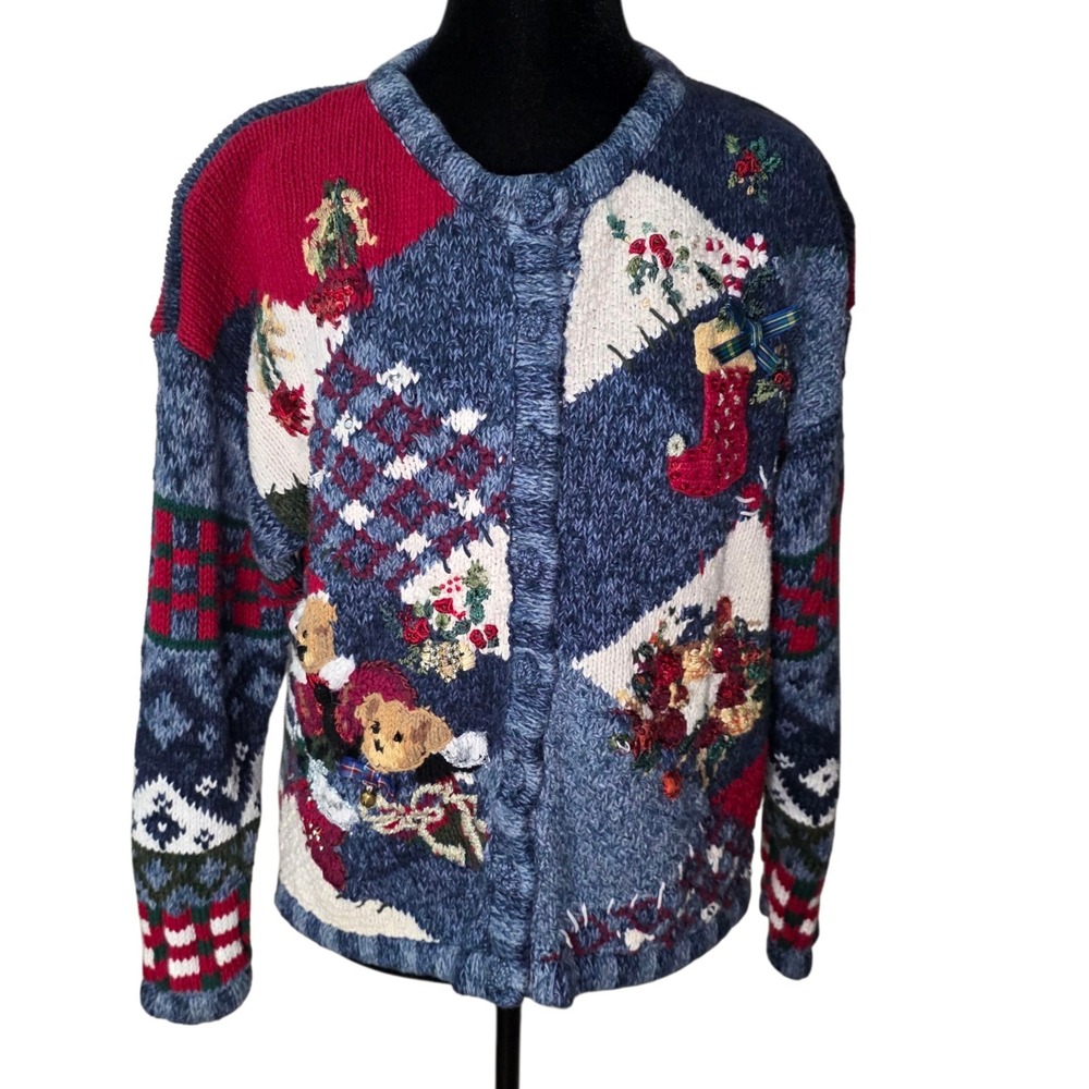 Vintage Ugly Christmas Sweater Cardigan Teddy Bear Patchwork Womens M